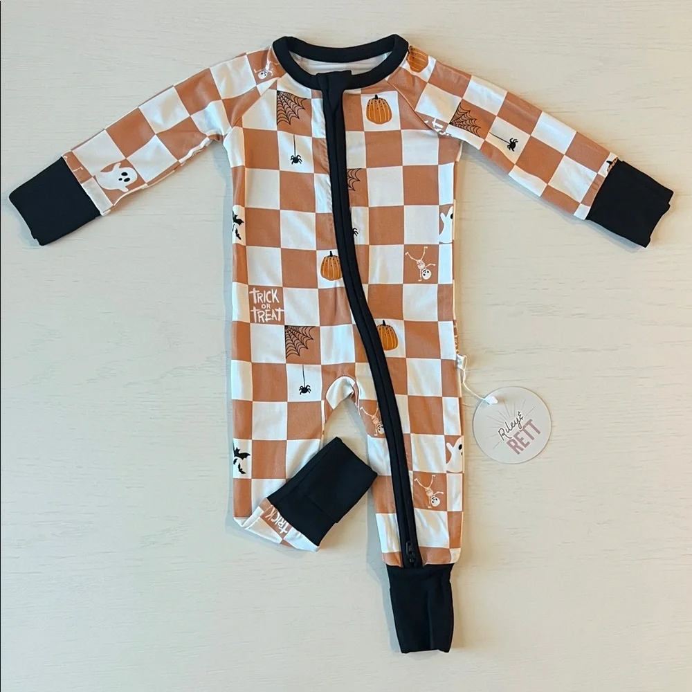 Riley & Reid Kids' Orange Checker Halloween One-Piece